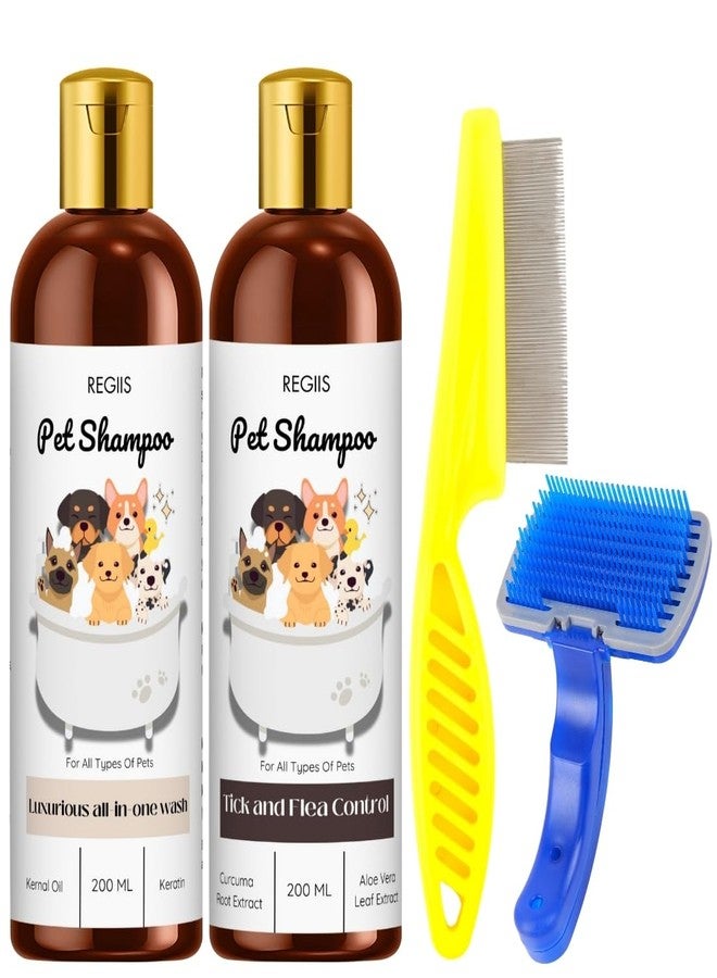 مجموعة شامبو الحيوانات الأليفة من ريجيس مع أدوات العناية، مكافحة القراد والبراغيث، غسول فاخر شامل، 200 مل، تتضمن مشطًا للبراغيث وفرشاة تنظيف ذاتي للكلاب (عبوة من 4 قطع) - Image 1